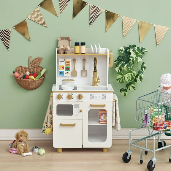 Teamson Kids Little Chef Memphis Wooden Play Kitchen with 16 Accessories, Faucet, Oven & Storage, White/Gold