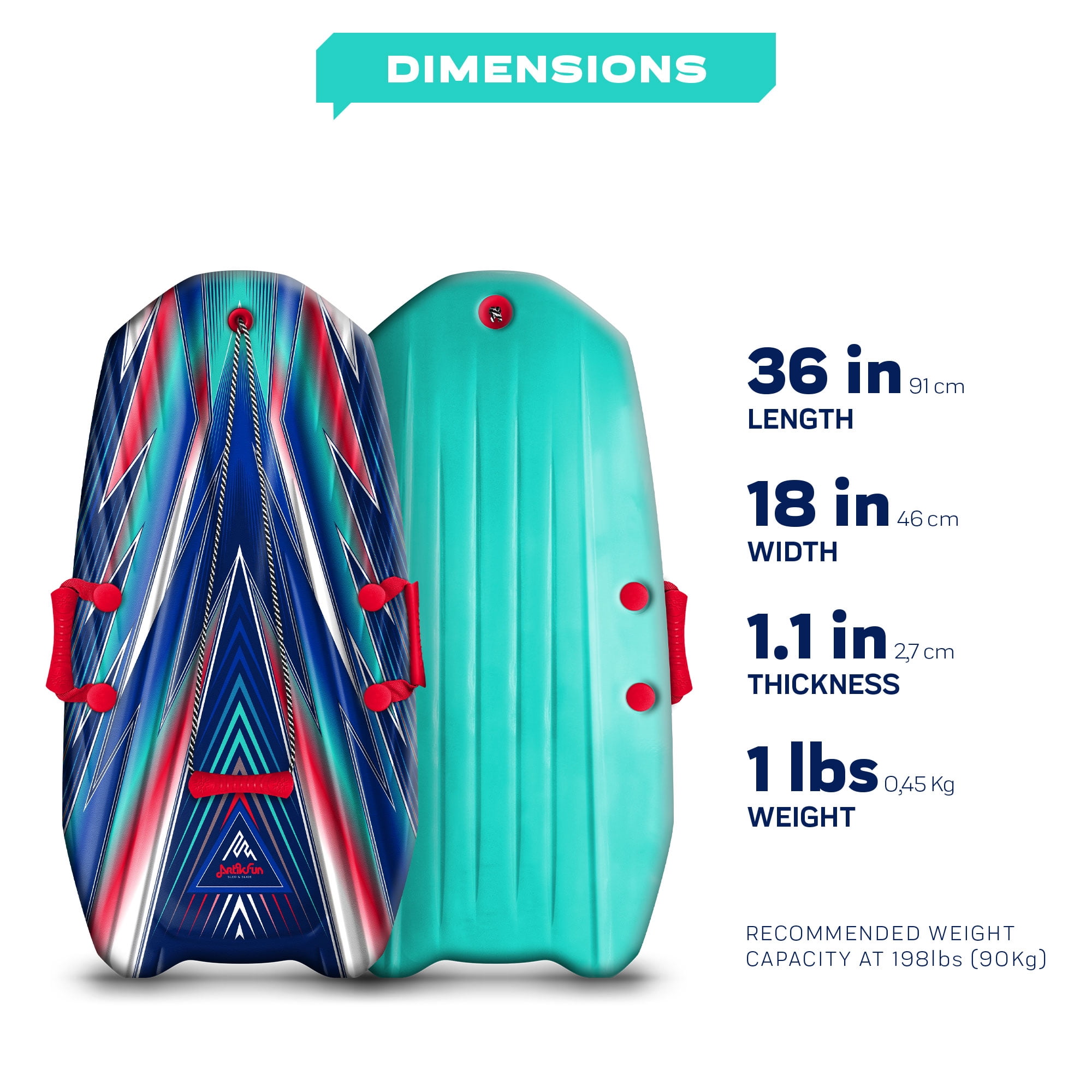 ArtikFun 36in Mirage Snow Sled - Lightweight Blue and Red Soft Foam Sled with Tow Rope and Handles for Kids and Youth