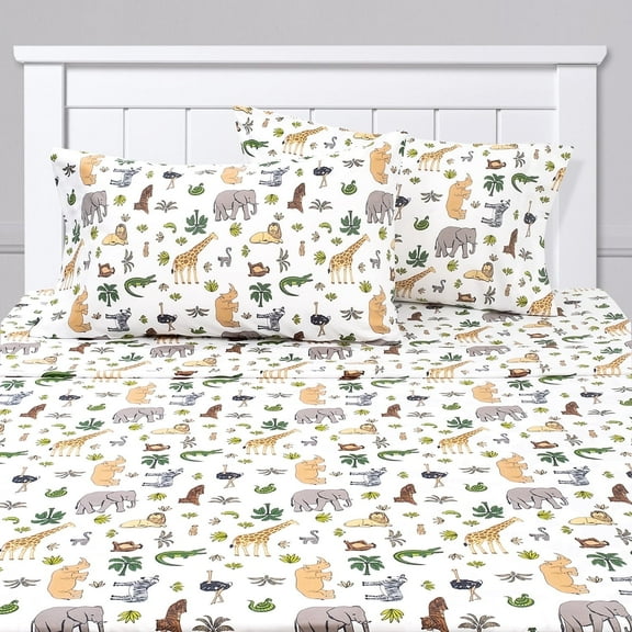 Kids Classic Printed Microfiber Sheet Sets, Ultra Soft Fitted Sheets with Straps - Wild Safari Animals, Full Size