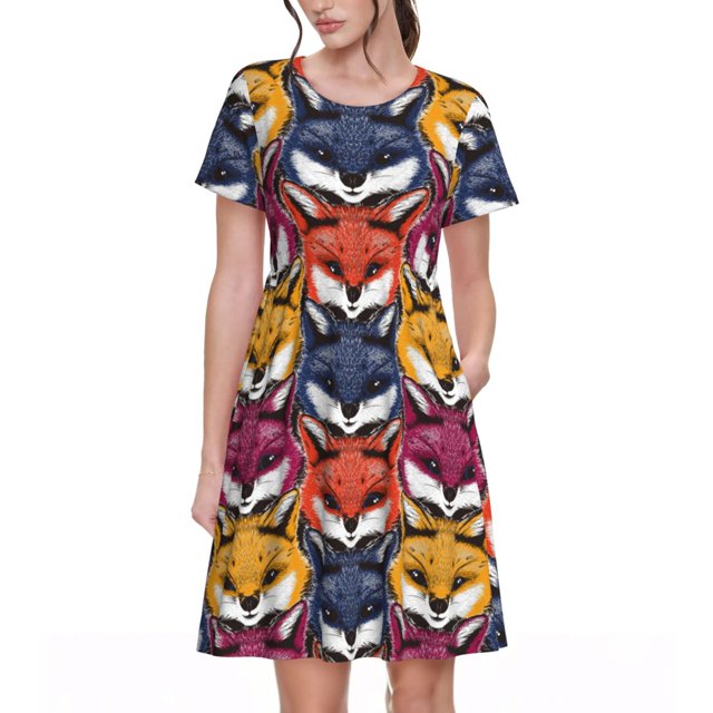 Balery Fox Face Vestidos sueltos de manga corta para mujer, vestidos de verano 2025, vestidos casuales de corte A con vuelo.