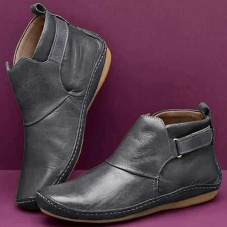 

〖Jisuan〗Cowgirl Boots Flat Leather Comfortable Color Ankle Women S Casual Hook Loop Fashion Pure Women S