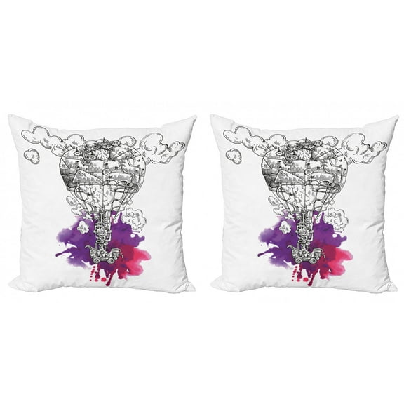 Travel Throw Pillow Cushion Cover Pack of 2, Adventure Themed Sketch of a Vintage and Dreamy Aircraft Drawn by Hand, Zippered Double-Side Digital Print, 4 Sizes, Violet Charcoal Grey, by Ambesonne