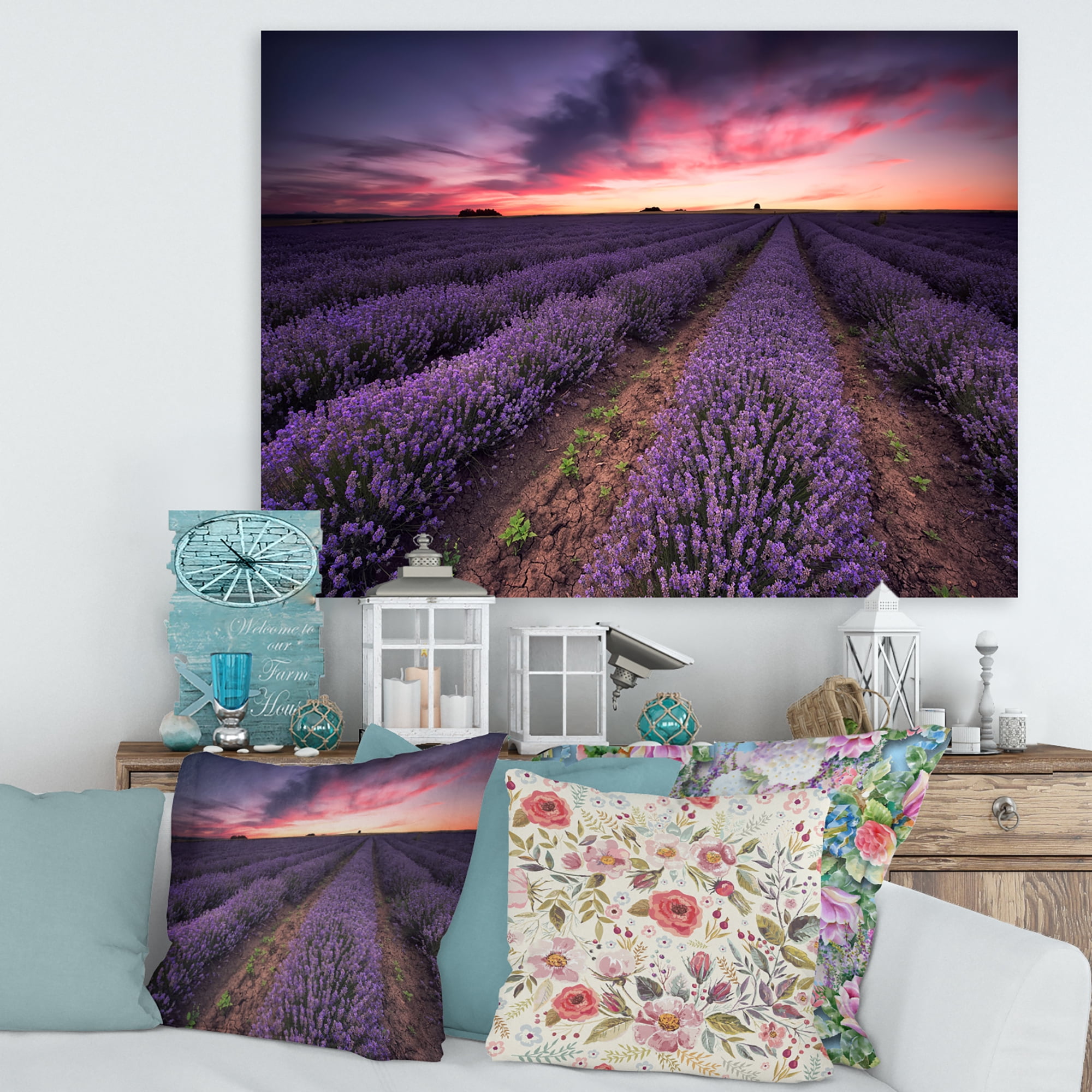 Designart ' Dramatic Clouds and Sunrise Over Lavender Field IX ' Farmhouse Canvas Wall Art Print
