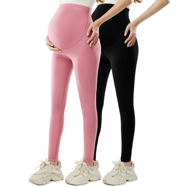 Amzcrzy 2PC Leggings premamá color liso por encima de la barriga clásicos largo completo cómodos suaves yoga ejercicio informal S-XL Rosa