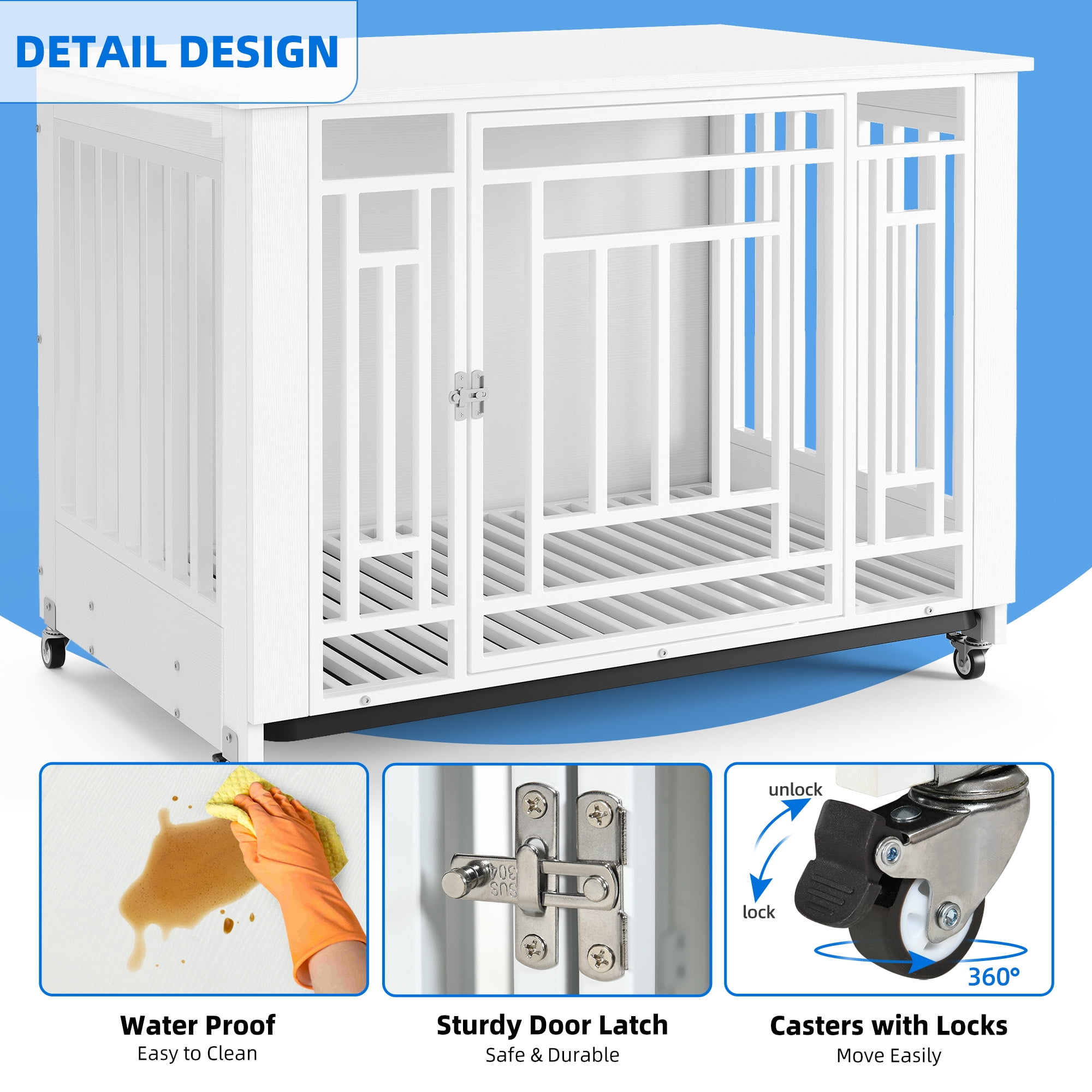 Uforic 38" Dog Crate Furniture with 4 Wheels, Indoor Furniture Style Wooden Large Dog Kennel, White
