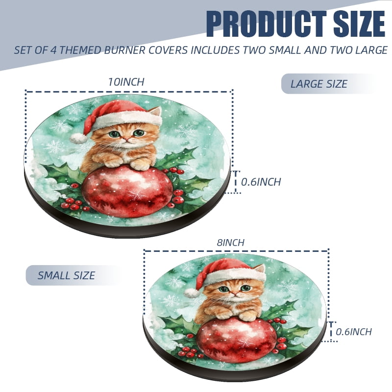 Christmas Stovetop Covers Electric Stove Cooktop, Red Christmas Ornament Cute Cat Round Xmas Decorative Kitchen Decor Stove Burner Covers Set of 4, 8 Inches and 10 Inches