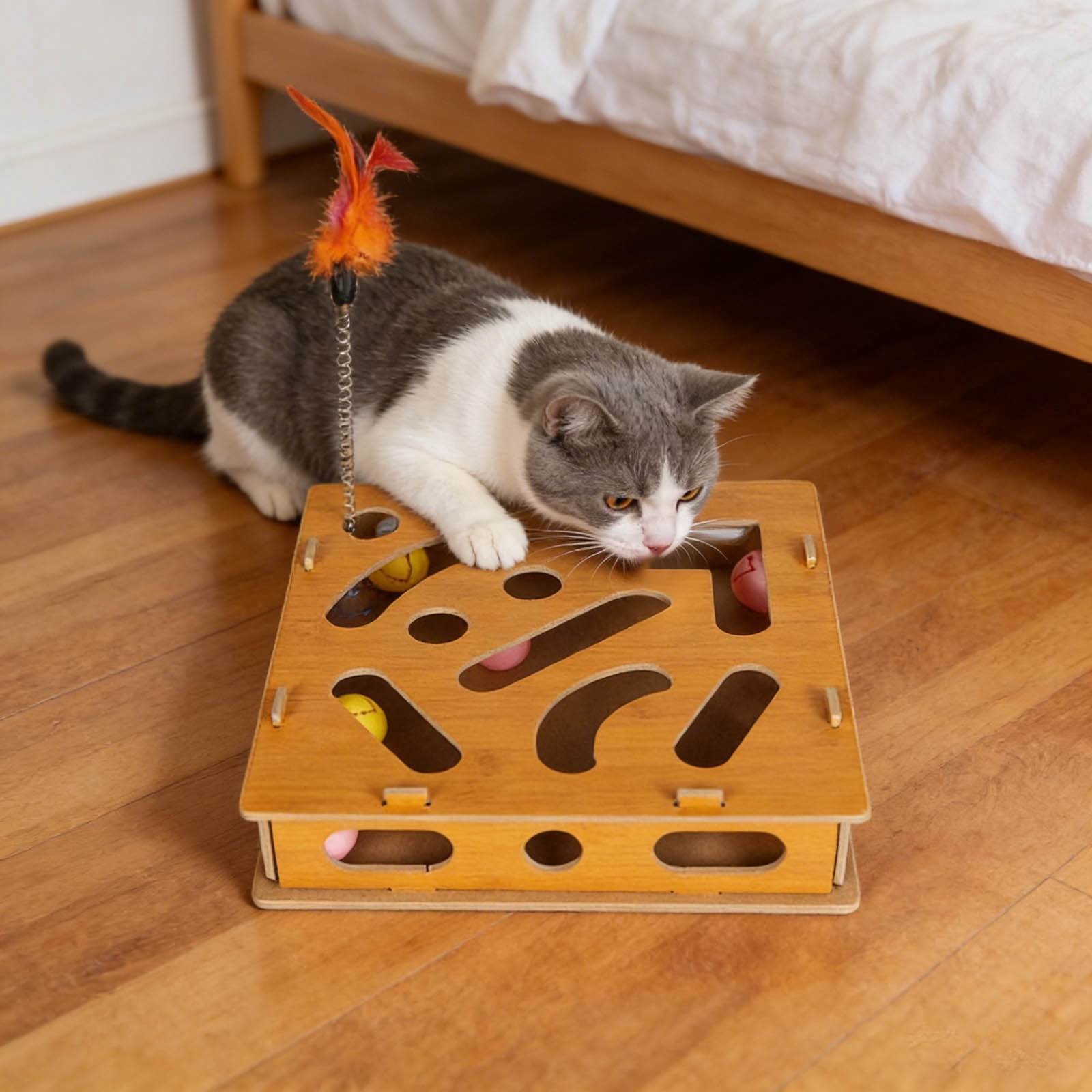 Pet Toys Enrichment for Indoor Cats Interactive Wooden Scratch Puzzle with Sandpaper and Stress- Nail Care Alternative for Cats