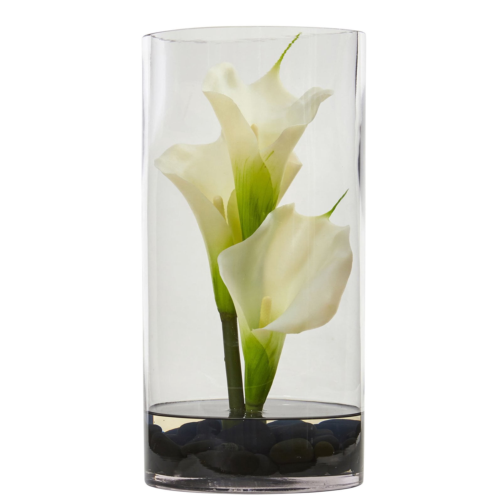 Nearly Natural 12" Calla Lily Artificial Flower Arrangement in Cylinder Glass Vase, Cream