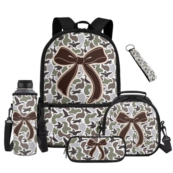 Binienty Duck Camouflage Bow Backpack With Lunch Box And Pencil Case Set For Grade Students Boys 5-In-1 Zippered School Bag Lunchbox Pen Pouch Keychain Kids Back To School Gifts
