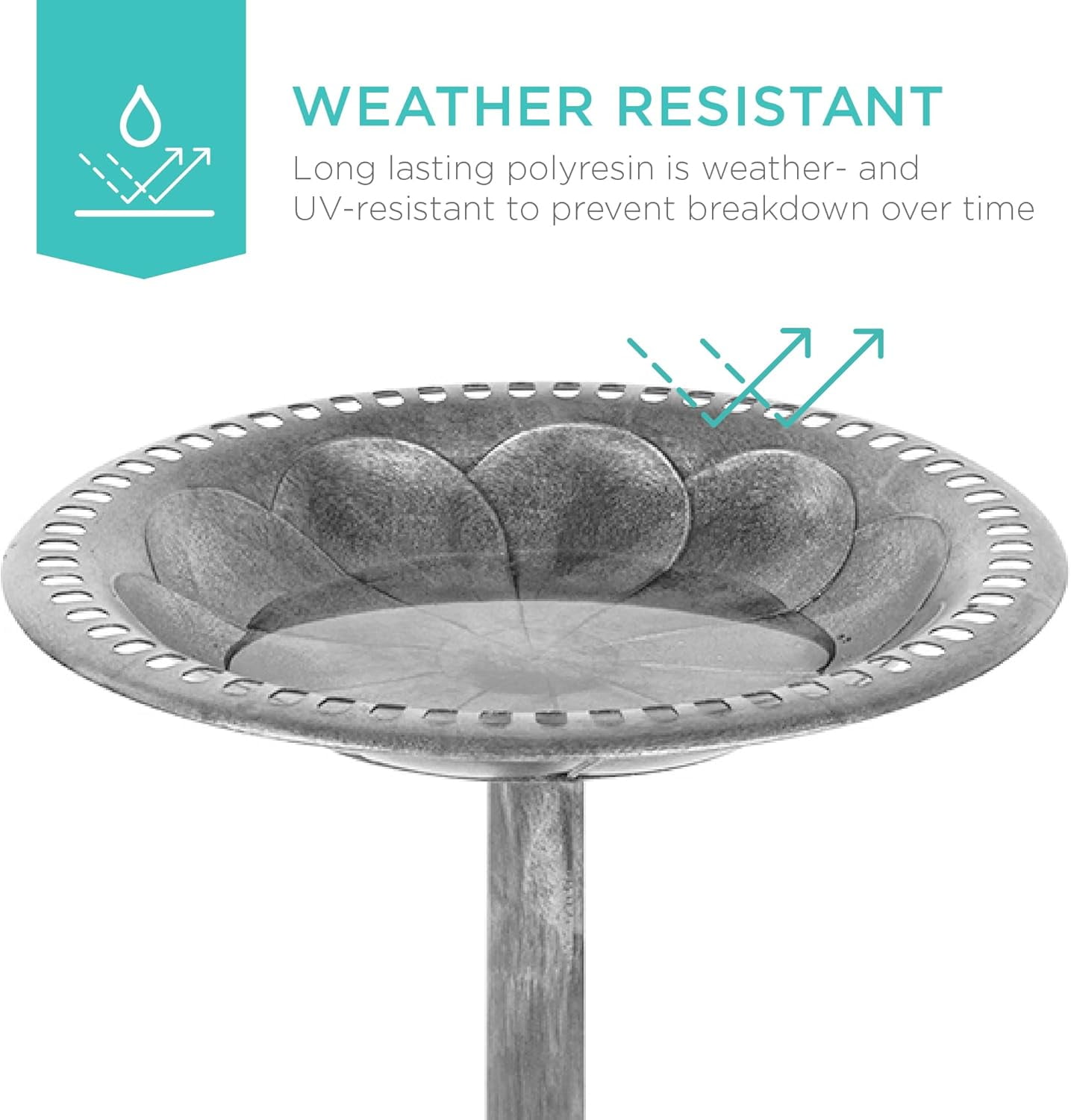HJTER 28in Pedestal Bird Bath, Vintage Outdoor Resin Accent Decoration w/Fleur-de-Lis Accents - Stone