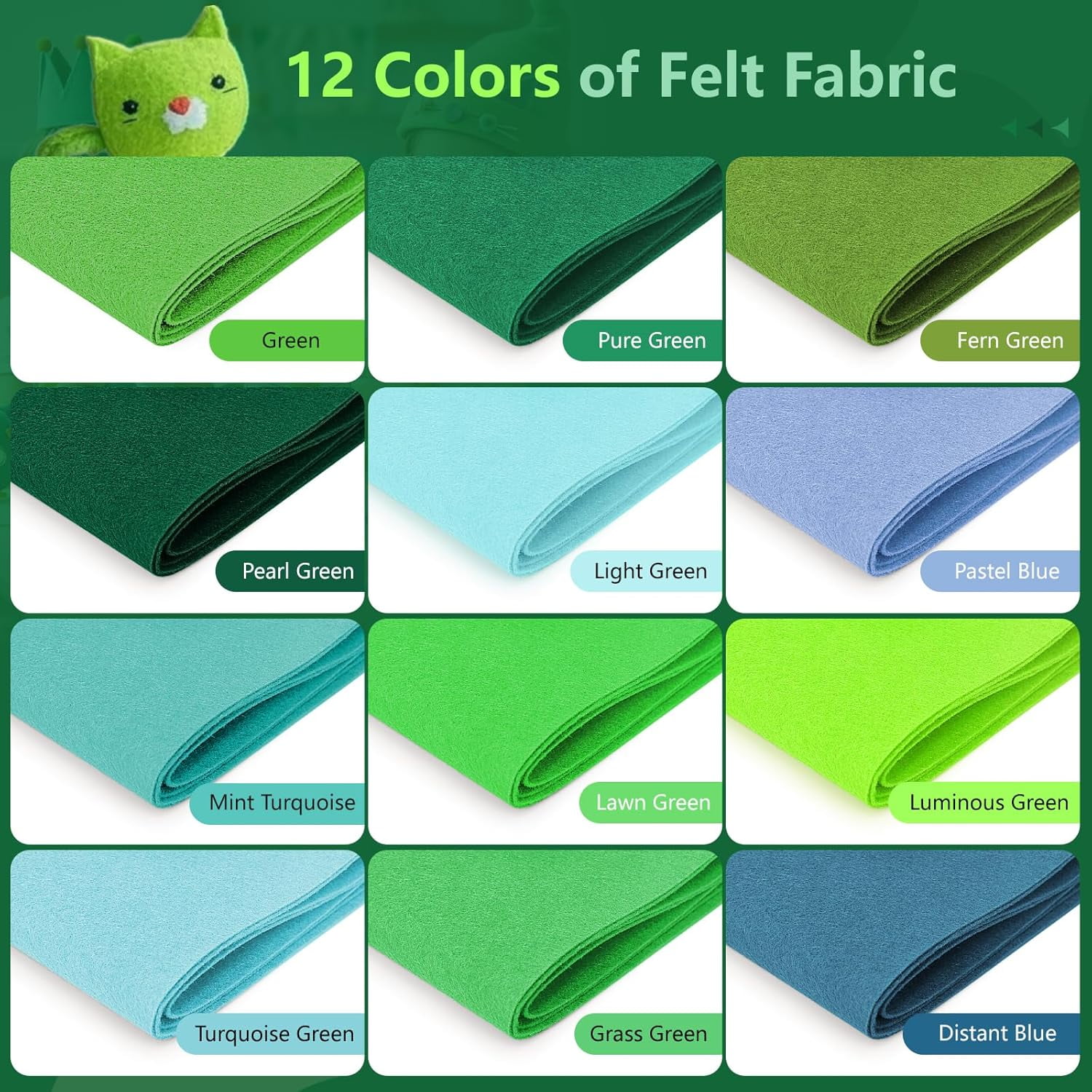Large Stiff Felt Sheets Bundle Felt Fabric Sheets for Crafts 12 Rolls 8"x35" Soft Summer Color 12 Assorted Colors Felt Pack for Kids DIY Craft Sewing Squares Nonwoven Patchwork (Green)