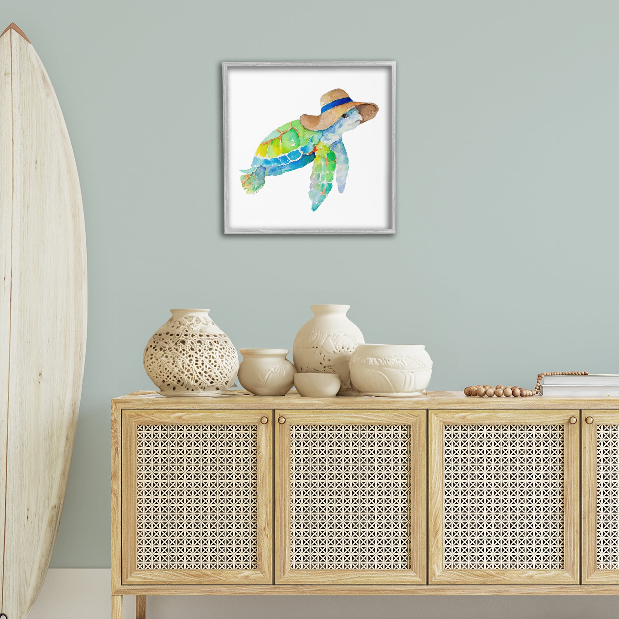 Stupell Industries Beach Ready Turtle Novelty Painting Gray Framed Art Print Wall Art, 24 x 24