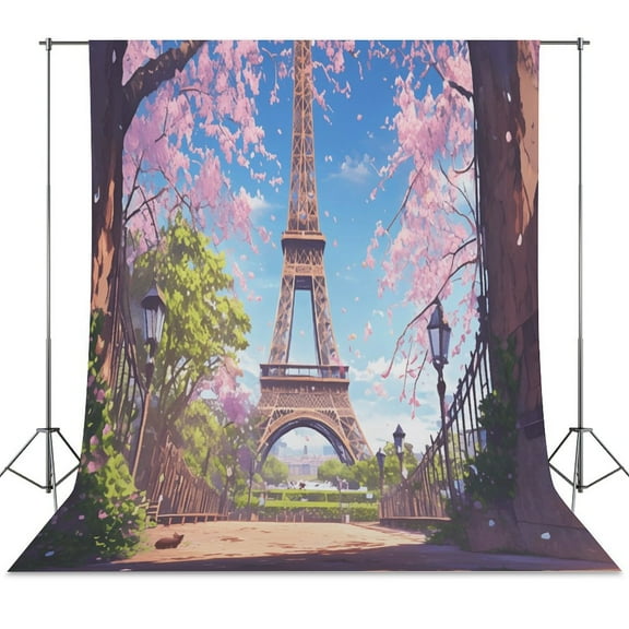Blossoming Paris Eiffel Tower Backdrop Background for Photography Photo Booth Backdrop for Photoshoot Background Screen Video Recording Parties Curtain