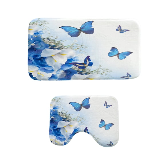 Bath Rugs Set 2 Pcs Blue Butterfly Pattern Bathroom Mats Soft Non-Slip Absorbent Floor Mats Toilet Decor Machine Washable