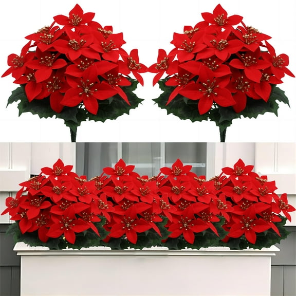 Janrevotw Christmas Decorations - 6 Pack Poinsettias Artificial Christmas Flowers, Fake Red Velvet Artificial Poinsettias Flowers for Christmas Tree Home Party Porch Yard Indoor Outdoor Decor Red