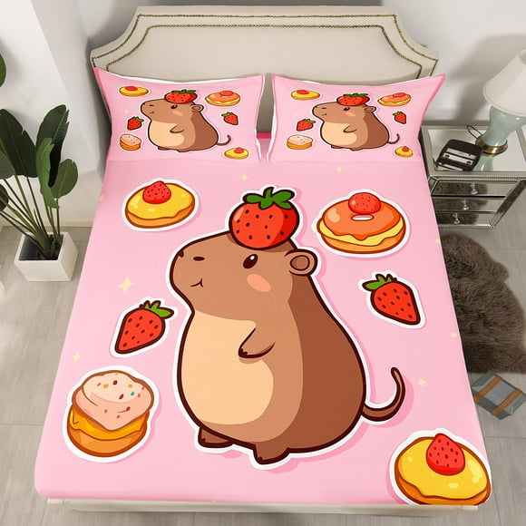 Erosebridal Kids Cartoon Capybara Queen Bed Sheets,Dessert Strawberry Cake Bedding Starry Sweet Donut Fitted Sheet Cute Animals Lovers Bed Cover,Pink（No Top Sheet）