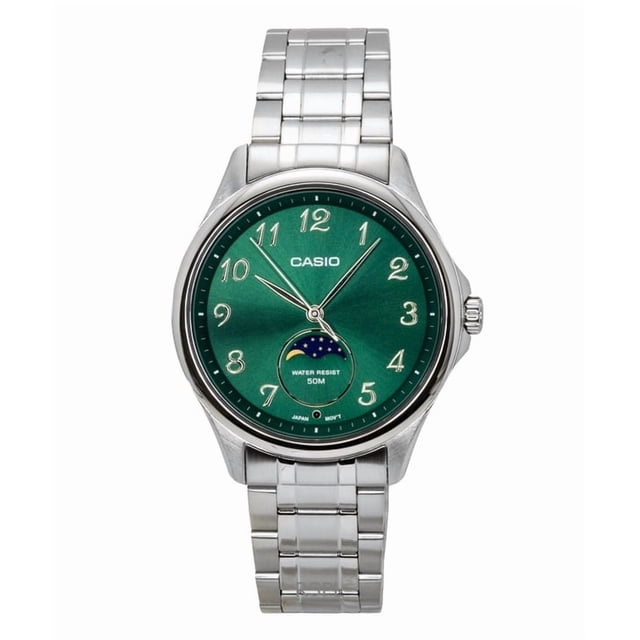 Casio Reloj Estándar Analógico con Fase Lunar, Acero Inoxidable, Esfera Verde, Cuarzo MTP-M110D-3AV para Hombre
