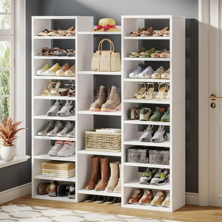 14-Tier Shoe Rack White Shoe Storage Cabinet with 22 Open Cubbies 46 Pairs Wide Entryway Shelf for Shoes Modern Organizer for Closet Living Room Entryway Hallway