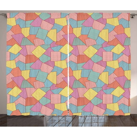 Vintage Tile Patterns - Geometric Curtains 2 Panels Set, Abstract Tile Pattern with Thin Stripes Colorful Vintage Square Shapes Design, Window Drapes for Living Room Bedroom, 108W X 108L Inches, Multicolor, by Ambesonne