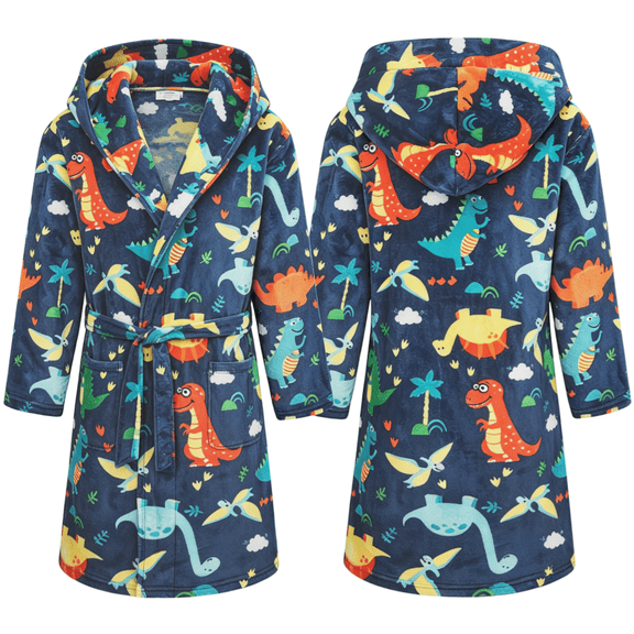 LYMAYTER Hooded Bathrobe for 2-12Y Kids Toddler Boys Dinosaur Print Robe Soft Flannel Loose Warm Home Robe