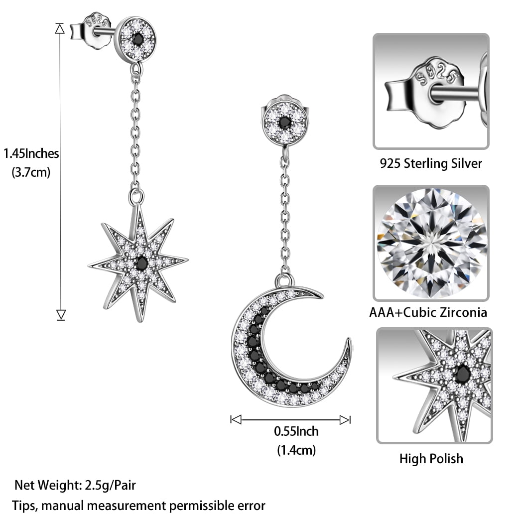 925 Sterling Silver Asymmetric Celestial Moon Star Drop Earrings Dangle Black CZ Fine Jewelry Women Mother Wife Christmas Valentine's Day Gift for Her