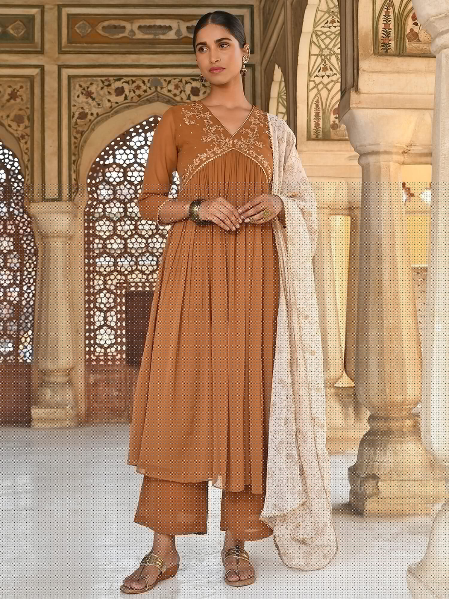 thumbnail image 3 of Janasya Indian Women's Brown Georgette Floral Embroidery Kurta with Palazzo and Dupatta, 3 of 8