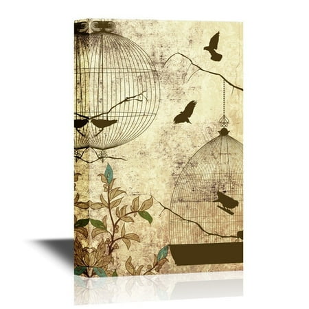 Birdcage Canvas - wall26 Canvas Wall Art - Birds and Bird Cage on Abstract Vintage Background - Gallery Wrap Modern Home Decor | Ready to Hang - 32x48 inches