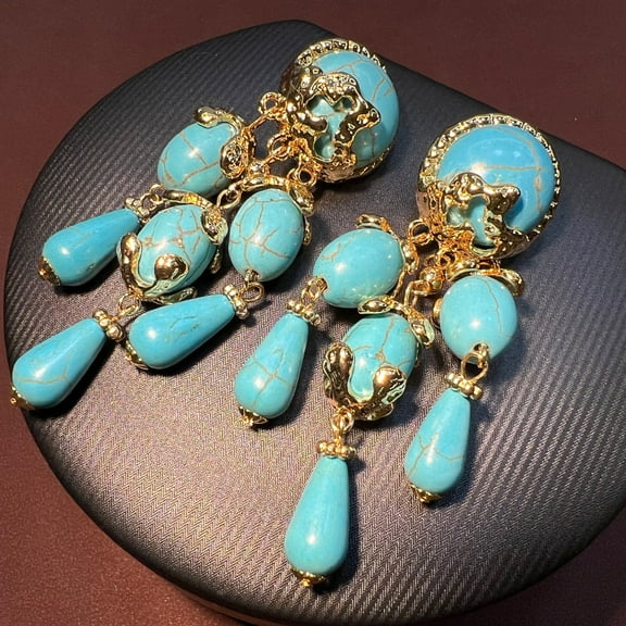 Vintage Turquoise Tassel Western Antique Niche Design High-End Earrings