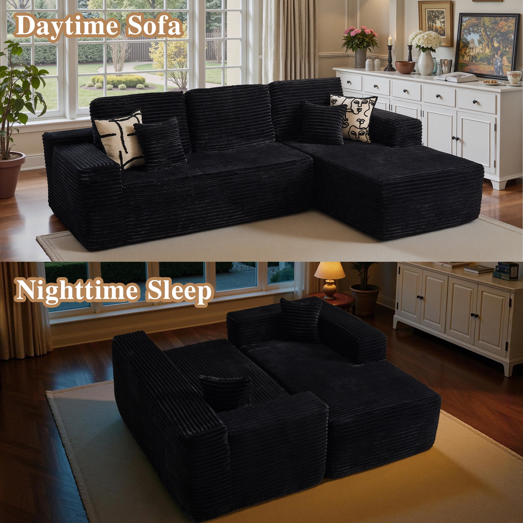 Ovios 106" Cloud Sofa Couch No Assembly Boneless Deep Seat Sofa for Living Room, Black(Plush Corduroy)