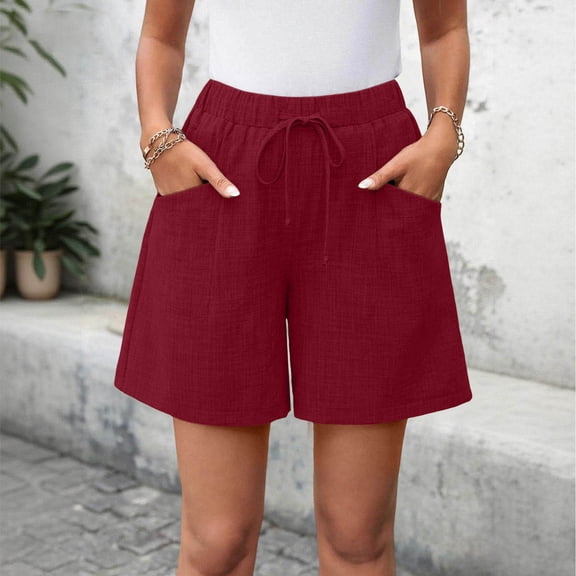 Hurxie Womens Shorts Lightweight Bermuda Shorts for Women Casual 5 Inch Inseam Summer Linen Shorts with Pockets Wine,L
