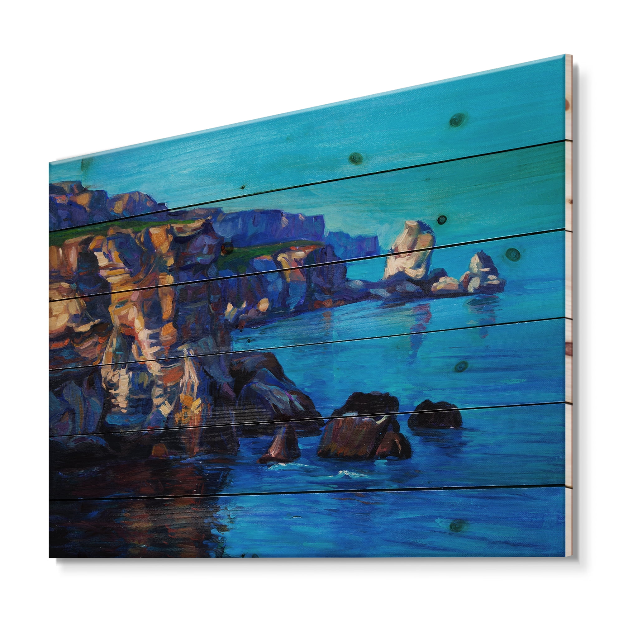 Designart 'The Ocean By Cliffs In The Evening Glow' Nautical & Coastal Print on Natural Pine Wood