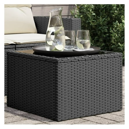 Garden Table Black PE Rattan, Powder-Coated Steel, Tempered Glass