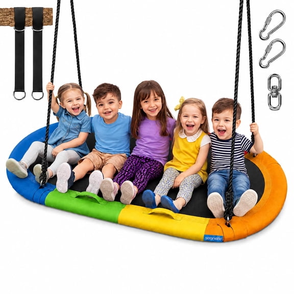 SereneLife 67" Oval Saucer Swing - Giant Outdoor Swing Set with Universal Hanging Kit, Swinging Seat Spinner with Pillow & Carry Bag, Weatherproof, Water-Resistant, Supports Up to 700 lbs, Rainbow