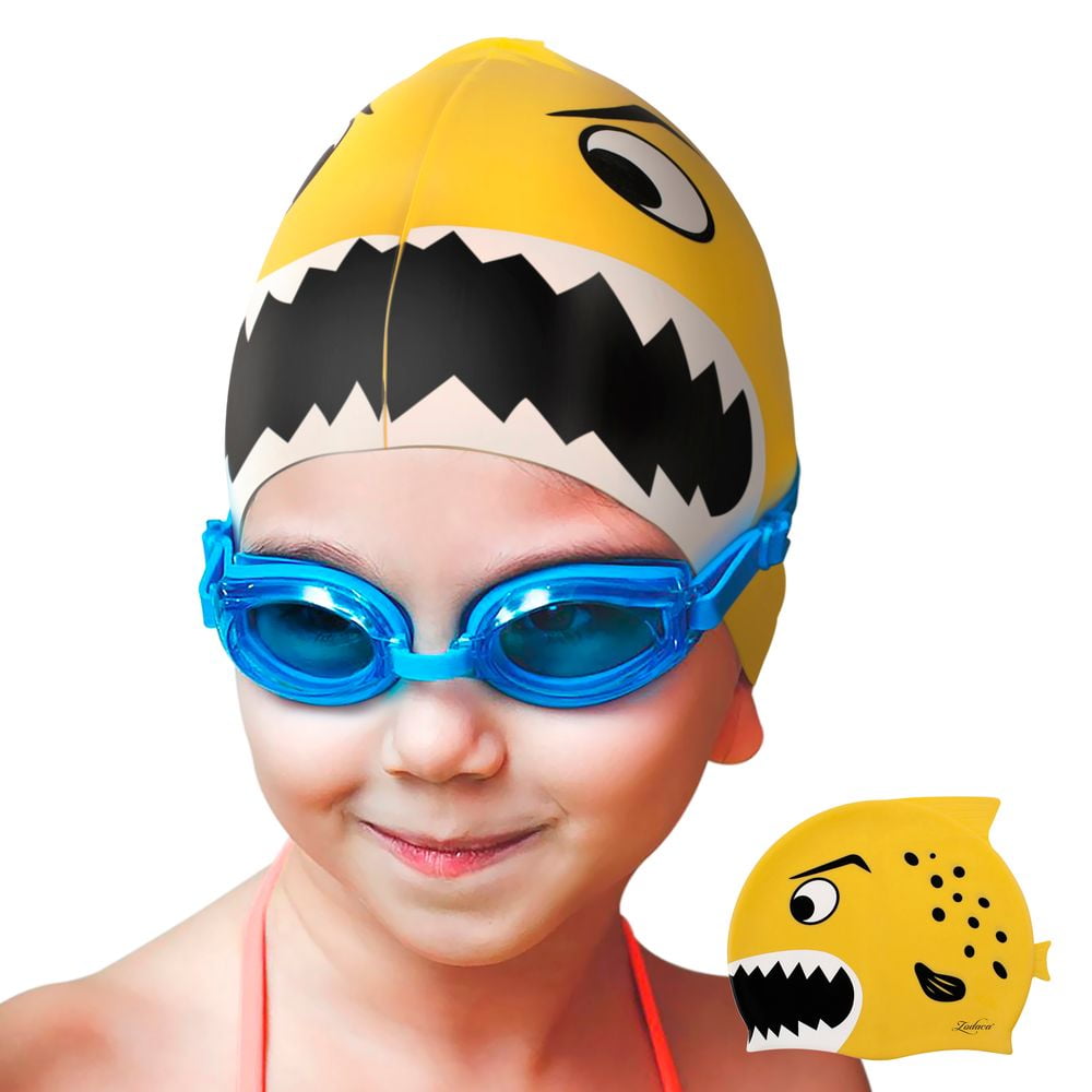 Kids Swim Caps Silicone Boys Cartoon Shark Swimming Hat Durable Flexible Stretch