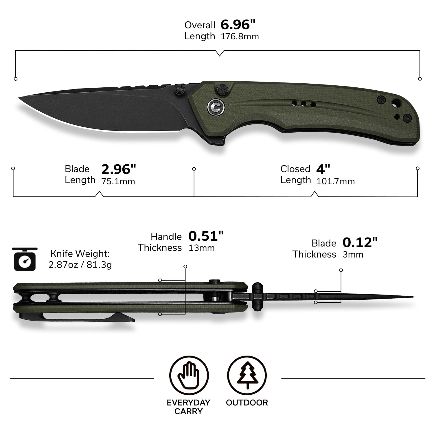 CIVIVI Tarask Pocket Folding Knife, 2.96" Nitro-V Blade G10 Handle, Multitool Knife with Glass Breaker C25023C-2