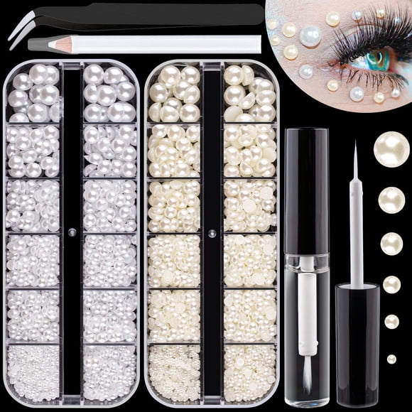 2700 PCS de 2 cajas Kits de perlas con parte posterior plana Perlas semicirculares blancas + beige con pegamento de maquillaje de secado rápido + lápiz selector + pinzas para arte de uñas y maquillaje