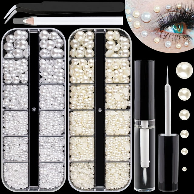 2700 PCS de 2 cajas Kits de perlas con parte posterior plana Perlas semicirculares blancas + beige con pegamento de maquillaje de secado rápido + lápiz selector + pinzas para arte de uñas y maquillaje