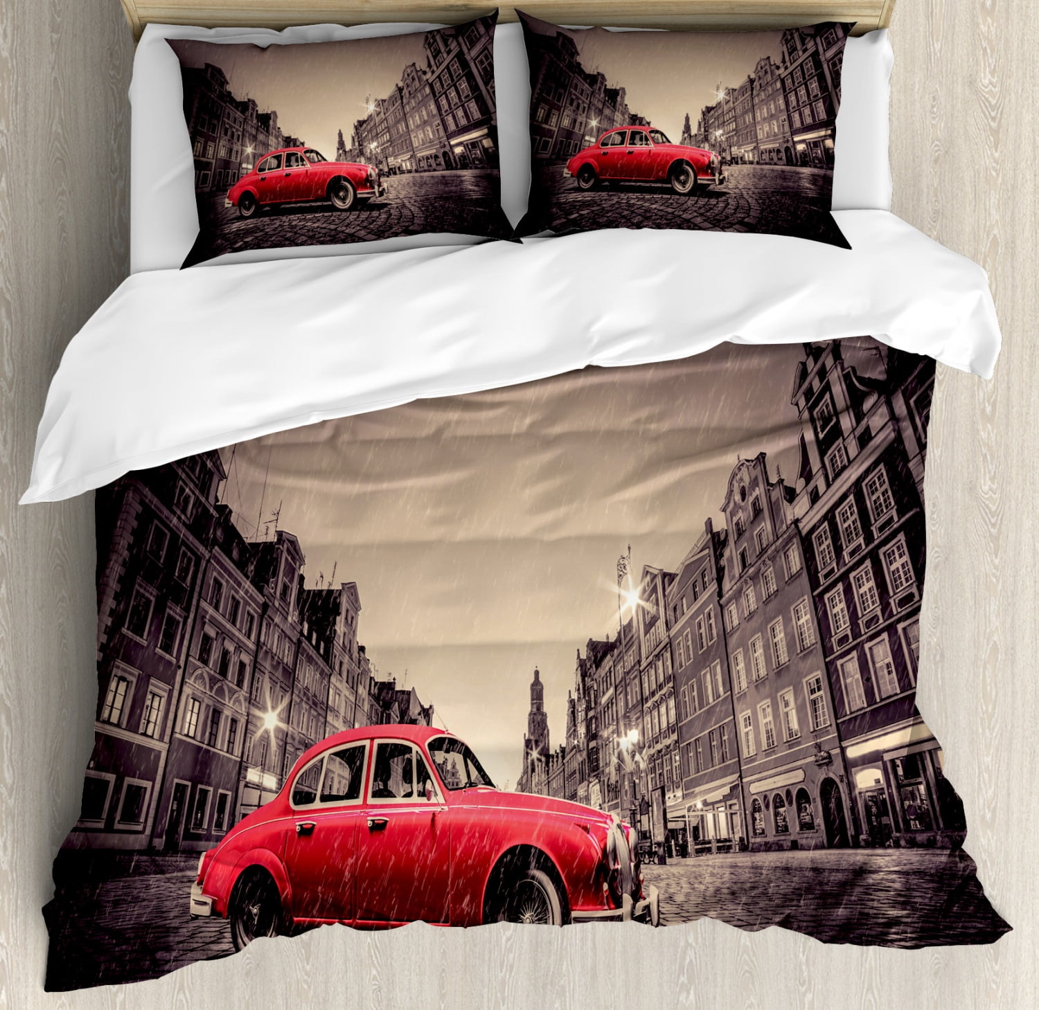 Car Duvet Cover Set Queen Size, Retro Car on Cobblestone Historic Old