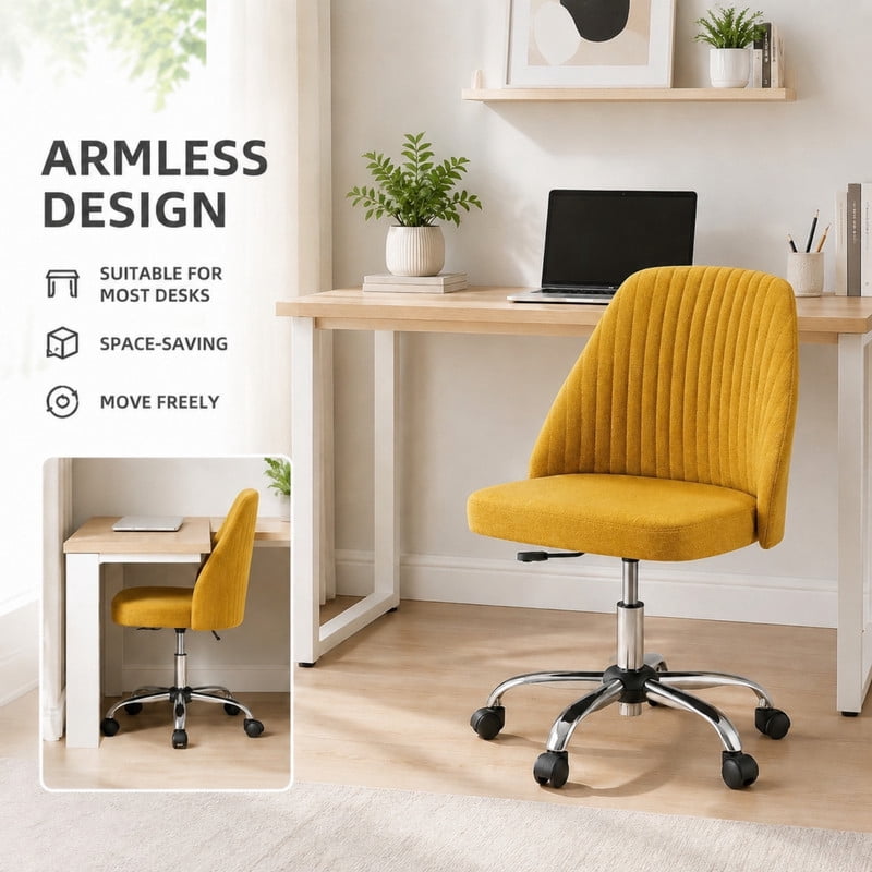 BEAUTYPEAK Armless Vanity Chair Adjustable Swivel Fabric Desk Chair with Padded Seat Wheels Mid-Back Office Chair, Ginger