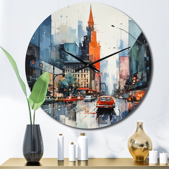 Designart "Midcentury Metropolis Blue Grey Vision I" Mid-century Oversized Wall Clock