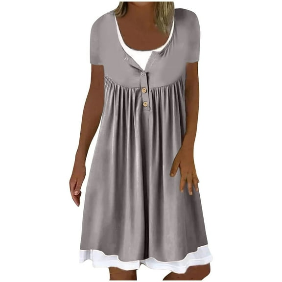 gakvbuo summer dresses for women 2024 vacation trendy Fashion Women Casual Sexy Solid Summer Short Sleeve Pullover U-Neck Button Fold Dress