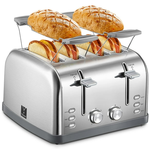 Yabano Tostadora de 4 rebanadas, 7 niveles de tostado, ranura extra ancha, función descongelar/bagel/cancelar, con bandeja para migas extraíble, acero inoxidable, plata
