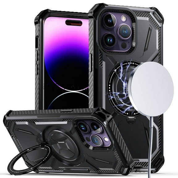 MagSafe Compatible Military Grade Hybrid Case with Kickstand Ring Holder for iPhone 14 Pro Max - Black