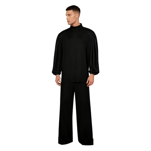 dPois Mens Praise Dance Pullover with Wide Leg Pants Solid Color Suit Liturgical Dancewear Black XXL