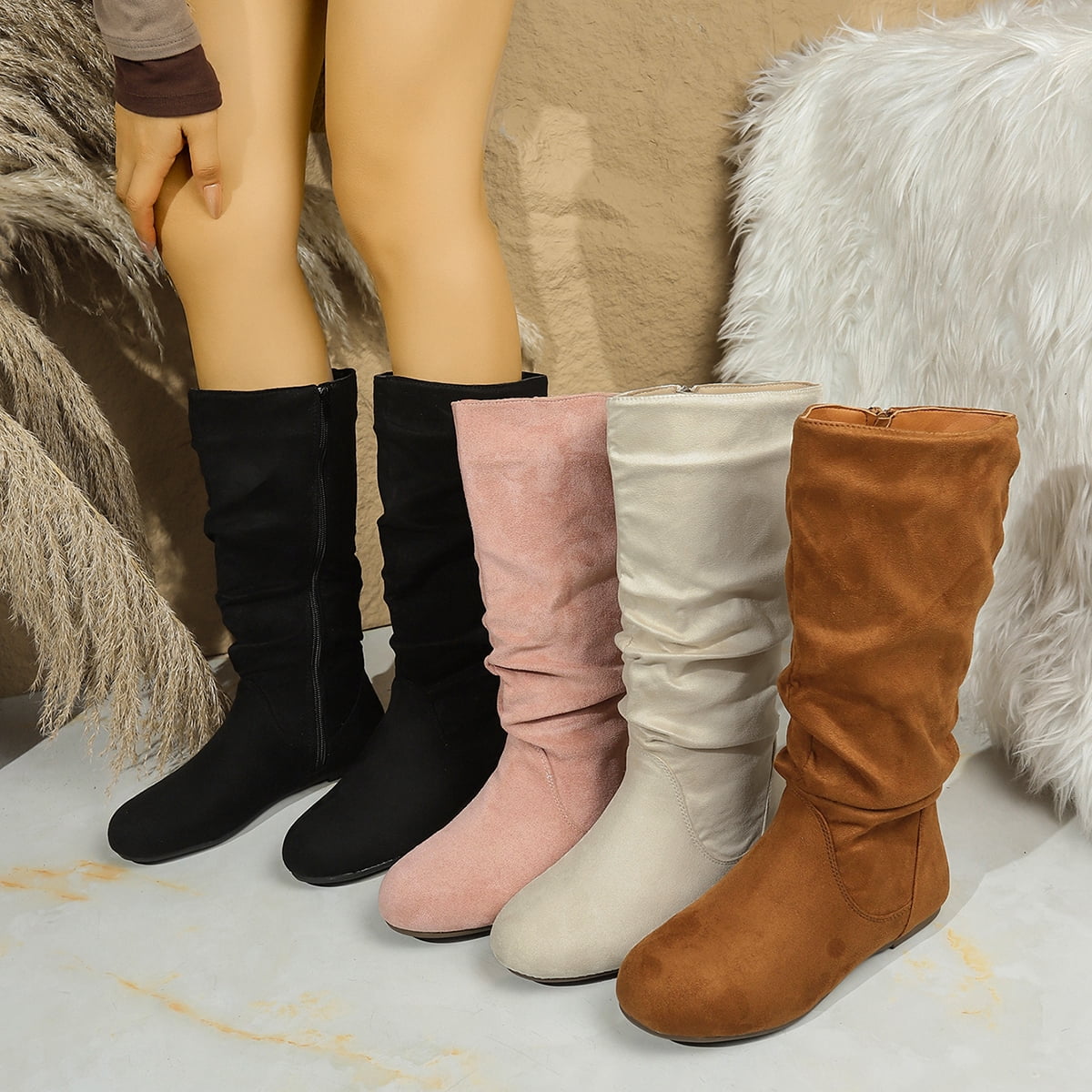 SACFOF Women's Wide Calf Knee High Boots Flat Low Heel Slouch Round Toe Boots Side Zipper Dress Tall Boot Comfortable Plus Size Tall Shoes Non Slip Sole Shoes