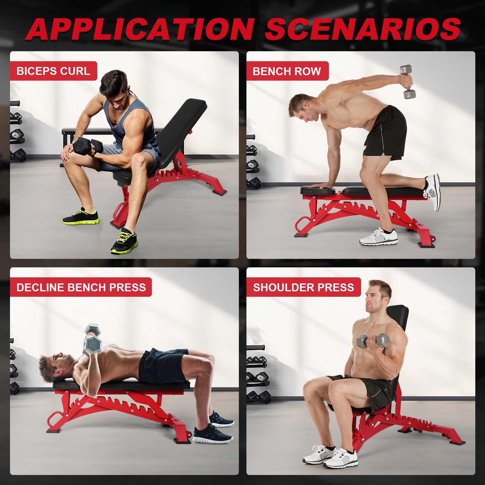 Btidfty Adjustable Weight Bench for Home Gym Strength Training 1300LBS Weight Capacity Incline Decline Flat Utility Workout Bench Fitness Equipment (Red)