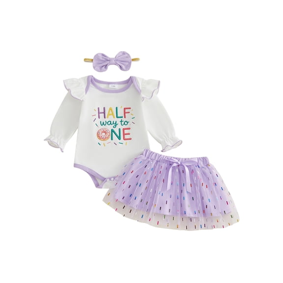 Cjfdfy Newborn Baby Girl Birthday Outfit Long Sleeve Romper,Tulle Skirt,Headband Set Neaswborn Fall Clothes Cute Half Way To One Print Letter 1/2 Birthday Girl Outfits