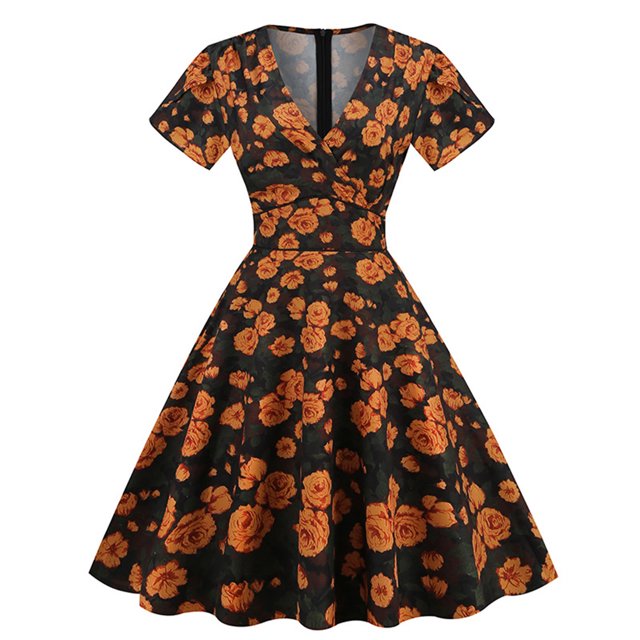 Pompotops Robe Mini à Manches Mi-Longues à Volants Imprimé Col Rabattu Bohème Mode pour Femmes