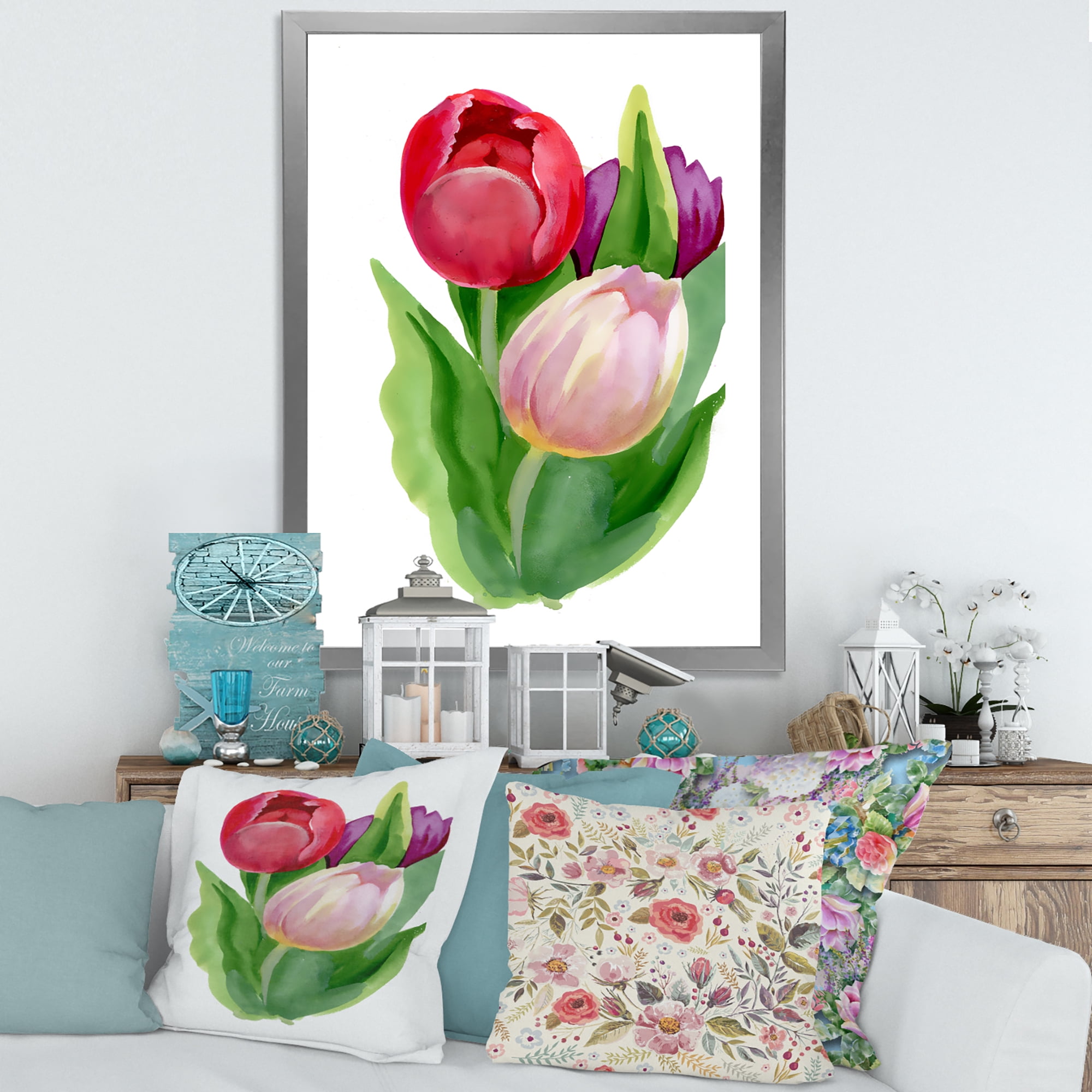 Designart 'Beautiful Tulip Flowers Red and Pink' Traditional Framed Art Print