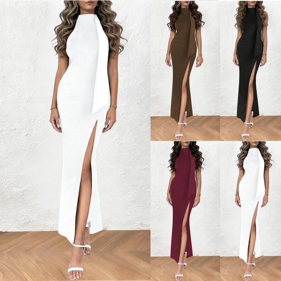 YuXingFu Western Dress for Women Maxi Crew Neck Plus Size Womens Dress Sleeveless Solid Color Long Casual Summer White XS